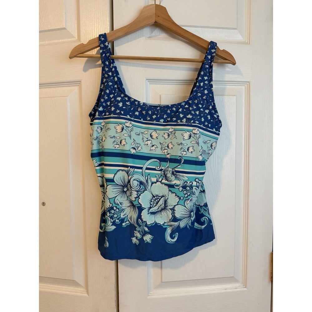 Beach House Blue Floral Tankini Swim Top Size 10 Adjustable Racerback Tropical